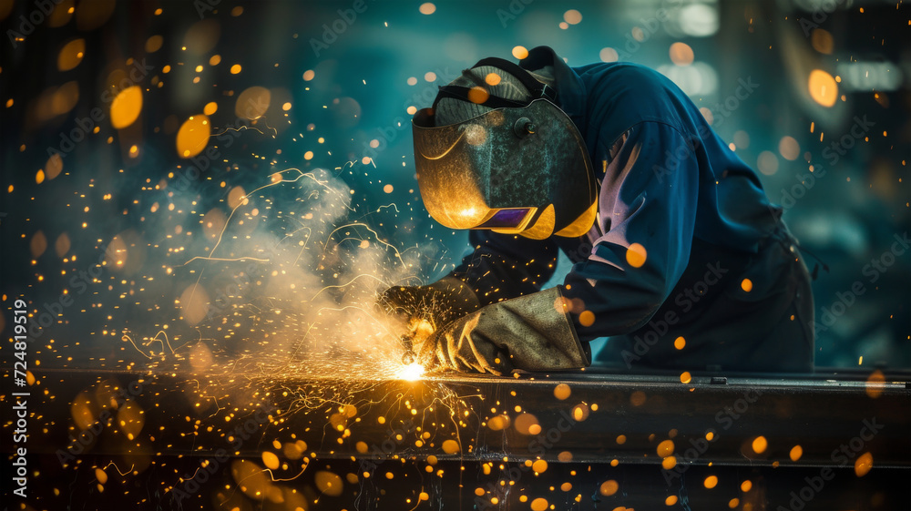 Welder in Protective Gear Performing Arc Welding in Industrial Workshop