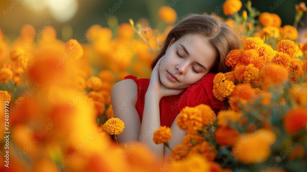 Naklejka premium Beautiful Teenage girl embracing in golden marigold flowers, in red dress