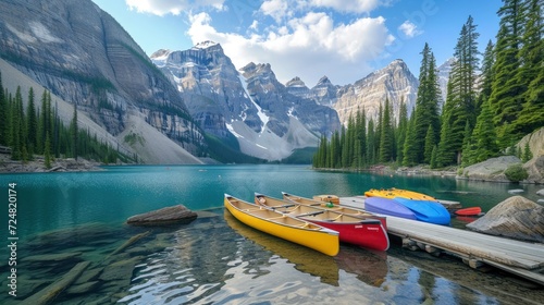 Canoes on a jetty at Moraine lake, Ban ff national park in the Rocky Mountains