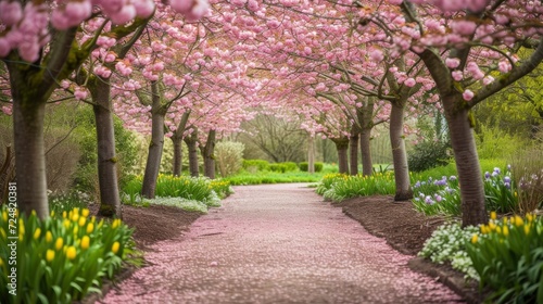 Cherry Blossom Path in a Tranquil Garden,stock photo