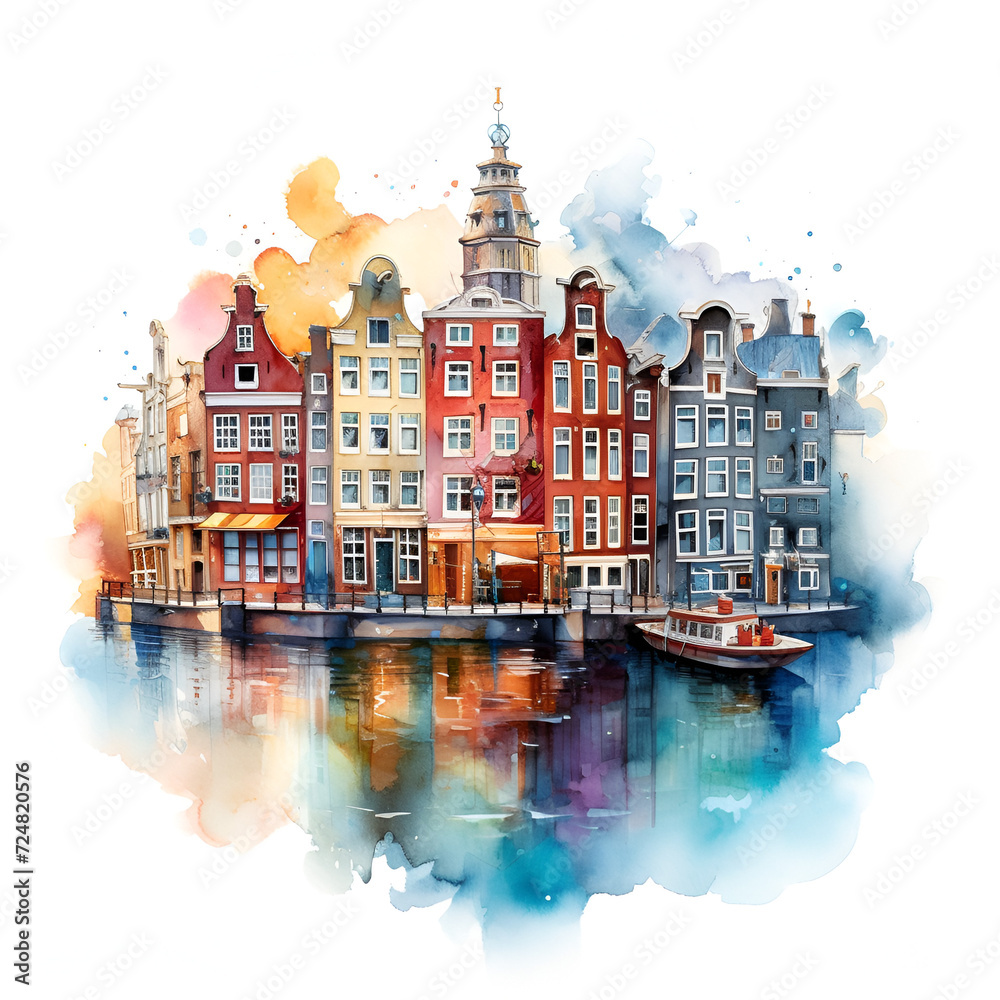 Amsterdam City Clipart Watercolor Design, Ai generative