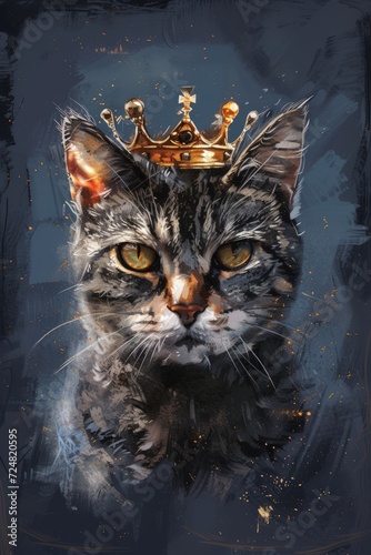 Digital painting of a majestic and royal cat with a crown on its head © setiadio