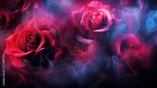 Sensual red roses enveloped in mystical blue and pink smoke on a dark background.