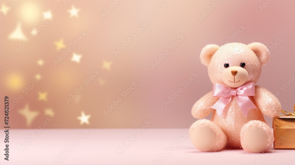 A soft pink teddy bear tied with a satin bow next to a shiny gold present, under glowing starry lights. A soft pink teddy bear tied with a satin bow next to a shiny gold present, under glowing starry lights.