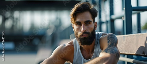 A youthful male athlete with a beard rests on a modern background bench after a workout.