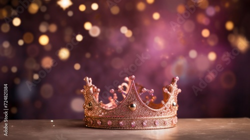 A beautiful pink crown sparkling with jewels on a dark bokeh light background. photo