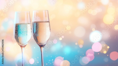 Celebratory champagne flutes against a backdrop of vibrant bokeh lights.