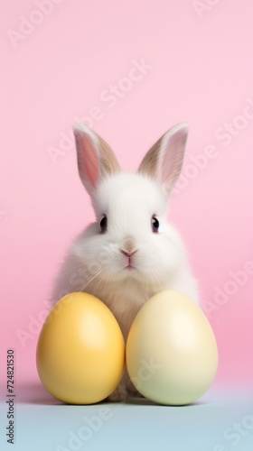 A cute white bunny with two Easter eggs, posing on a soft pink background.