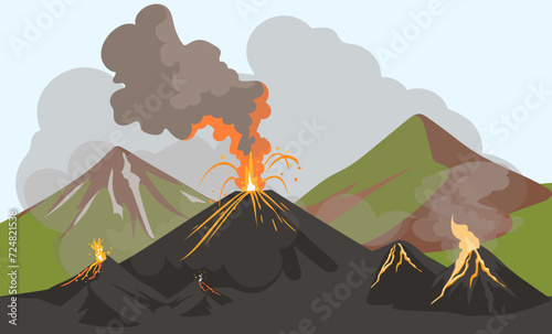 Volcanic eruptions and consequences vector illustration. Active volcano spewing lava and smoke. Catastrophe, natural disaster, ecology concept.