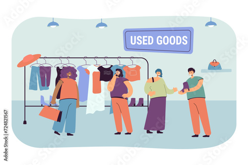 Women in second hand shop vector illustration. Customers choosing clothes and footwear. Shop assistant showing high boots to buyer. Demand for used goods, shopping concept