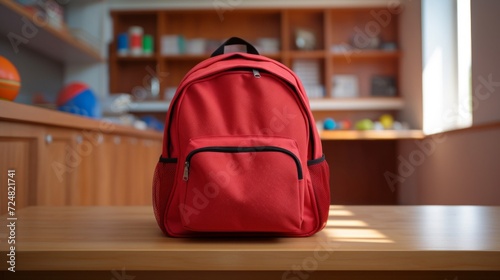Vibrant red school backpack placed neatly on a desk in a bright classroom setting.
