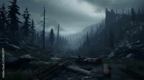 A mystical and somber forest landscape enveloped in fog, with fallen trees and a dark, brooding atmosphere. photo