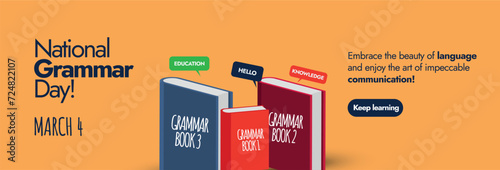 National Grammar Day. 4th March National Grammar day celebration cover banner minimal design in light orange colour theme with three cute books icon with names grammar book 1, 2, 3 respectively. 