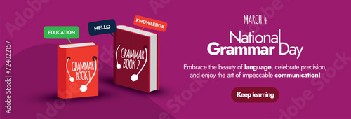 National Grammar Day. 4th March National Grammar day celebration cover banner minimal design in dark magenta colour theme with two cute books icon with names grammar book 1 and 2 respectively. 