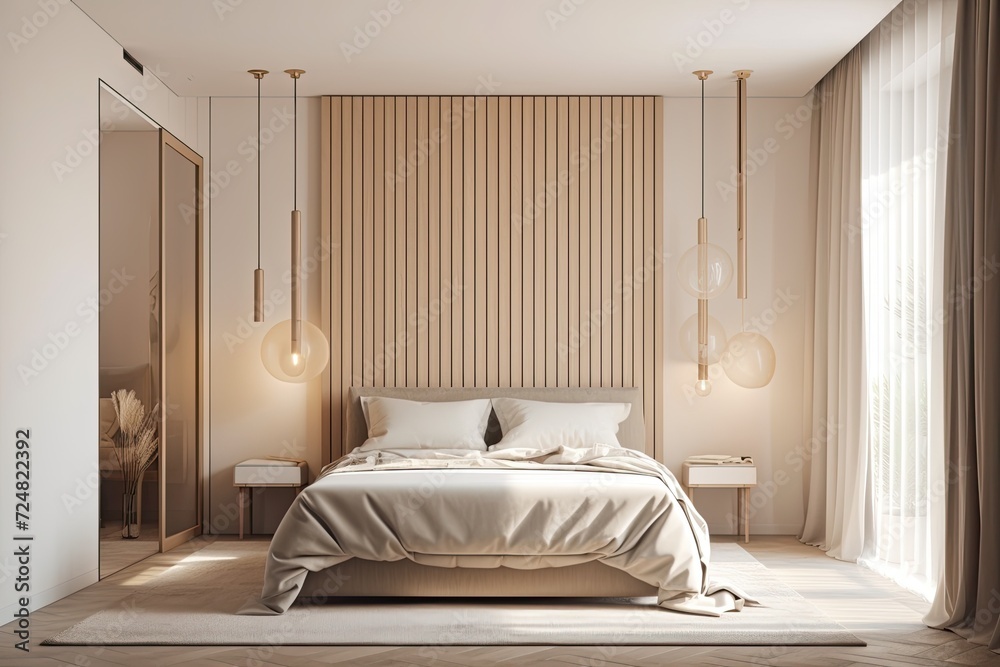 Bright bedroom with a vertical poster with a backlight on a white wall next to a beige closet, sconces, and bedside tables beside the window with beige drapes