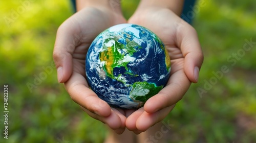 Eco Friendly Blue and green globe in the palm of hands, close up, stock photo
