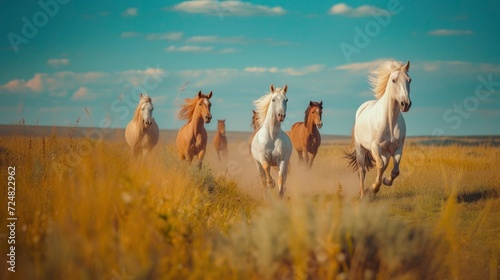 group of pink Turkish horses running in the fields, over a blue sky photo