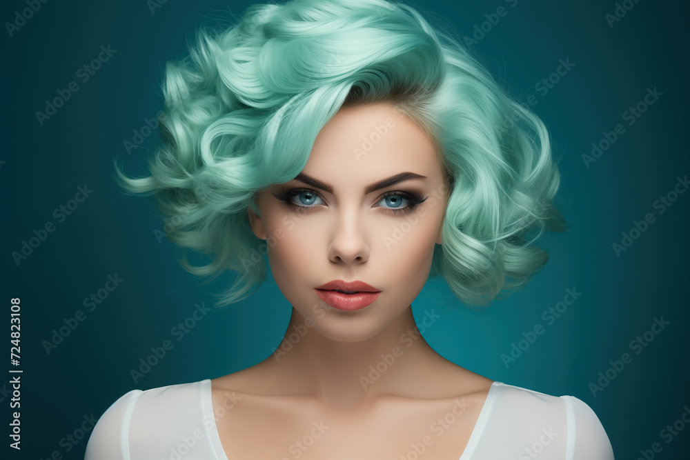 Emerald Enigma: A captivating, green-haired woman with mesmerizing blue eyes enthralls with her enigmatic presence. Fashion style cover magazine and wallpaper Emerald Enigma: A captivating, green-haired woman with mesmerizing blue eyes enthralls with her enigmatic presence. Fashion style cover magazine and wallpaper