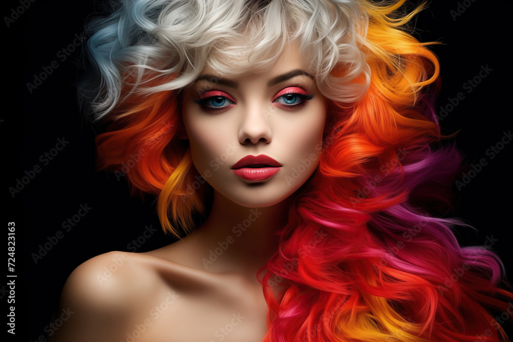 Vibrant Visions: A woman stands confidently with her hair vibrant with an array of bold and vivid hues, while her makeup brings an explosion of vibrant pigments to her face.