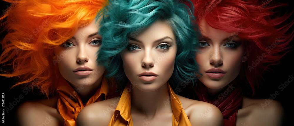Obraz premium Chromatic Trio: Three women with astonishingly colored hair, each showcasing their unique style and individuality. Fashion style cover magazine and wallpaper