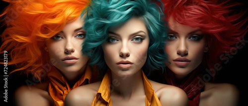 Chromatic Trio: Three women with astonishingly colored hair, each showcasing their unique style and individuality. Fashion style cover magazine and wallpaper