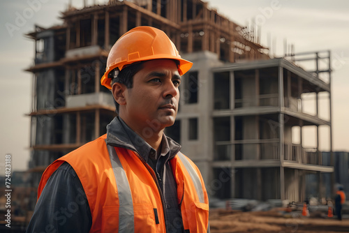 construction engineer standing with his back and watches at a house building construction. Civil Engineer Hispanic smiling with Construction backgrounds, use for banner cover.