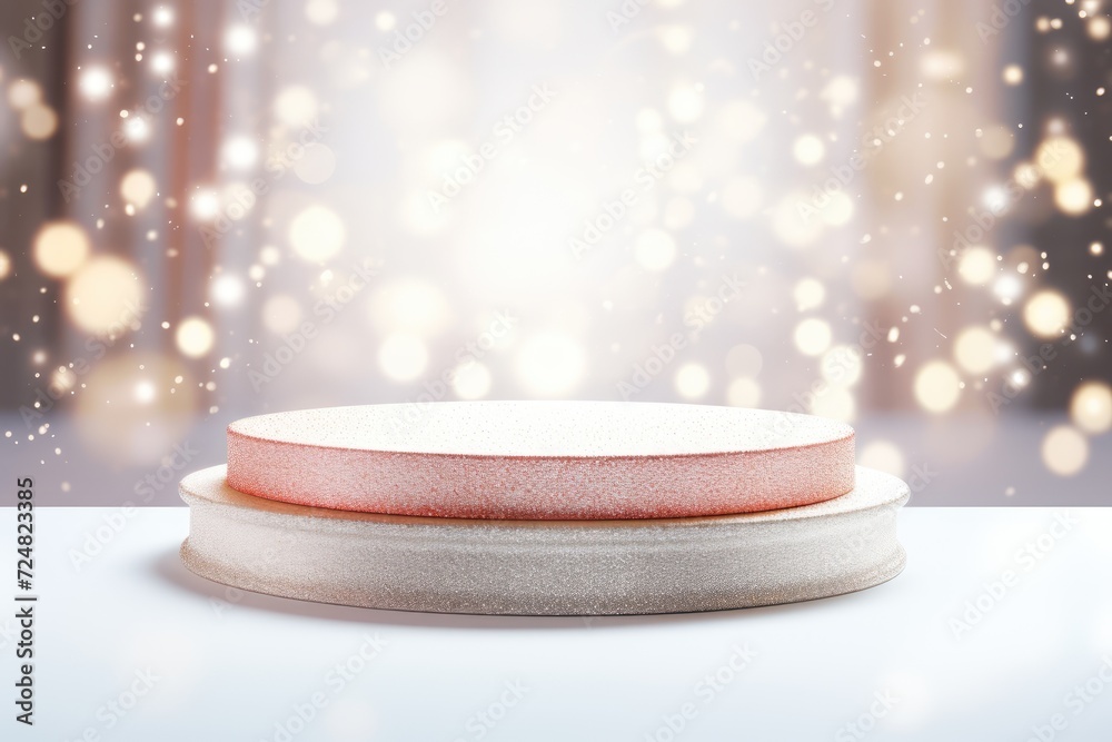 3D Podium with background soft bokeh, podium for product presentation, geometric shape for product display presentation, stage showcase, promotion display, Christmas, New year. 3D Podium with background soft bokeh, podium for product presentation, geometric shape for product display presentation, stage showcase, promotion display, Christmas, New year.