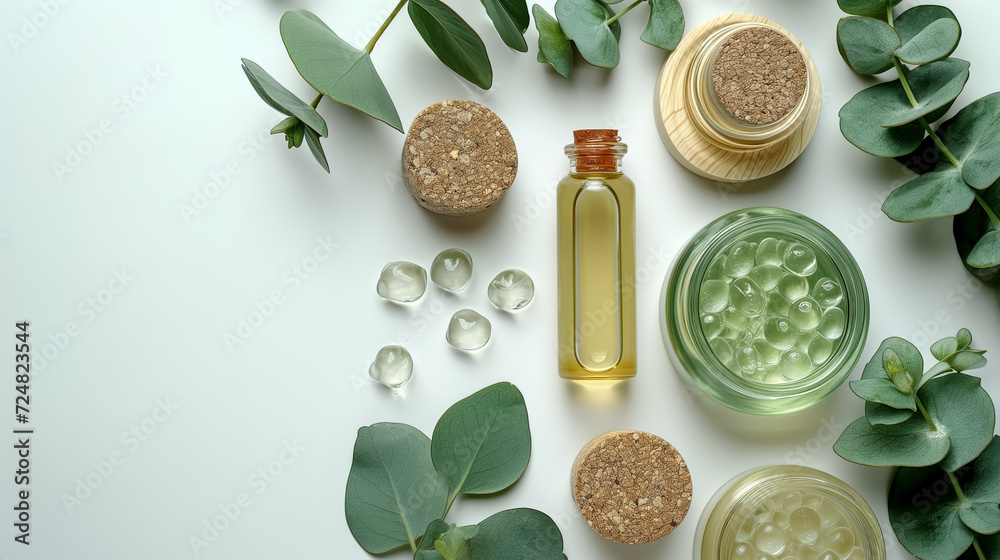 Spa concept with eucalyptus oil and eucalyptus leaf extract natural /organic spa cosmetics products, eco friendly bathroom accessories. Skincare concept on white background. Flat lay composition with Spa concept with eucalyptus oil and eucalyptus leaf extract natural /organic spa cosmetics products, eco friendly bathroom accessories. Skincare concept on white background. Flat lay composition with
