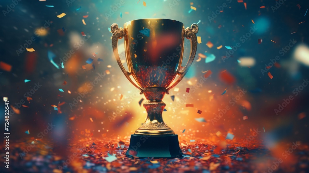 Gold trophy cup surrounded by vibrant confetti symbolizing victory and celebration. Gold trophy cup surrounded by vibrant confetti symbolizing victory and celebration.