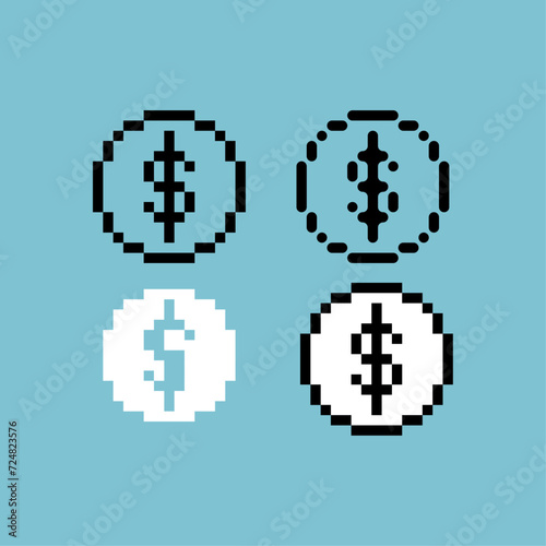 Pixel art outline sets icon of dollar coin variation color.Dollar coin icon on pixelated style. 8bits perfect for game asset or design asset element for your game design. Simple pixel art icon asset.
