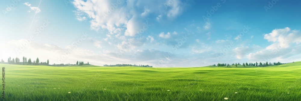 Expansive green field under a clear blue sky with clouds, portraying serenity and natural beauty. Expansive green field under a clear blue sky with clouds, portraying serenity and natural beauty.