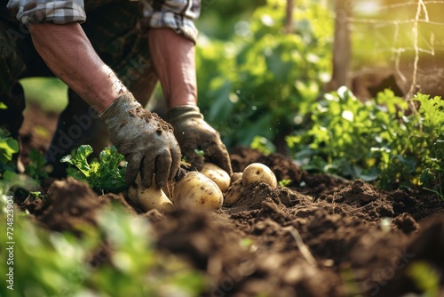 Harvesting Potatoes: Close-up of Gardener's Hands Digging in the Garden photo