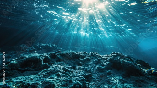 Underwater Bliss: Blue Ocean Surface with Sun Rays and Calm Abstract Texture
