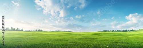 Expansive green field under a clear blue sky with clouds, portraying serenity and natural beauty.