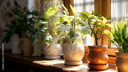 A collection of indoor plants in decorative pots on a wooden windowsill, highlighted by sunlight. © tashechka