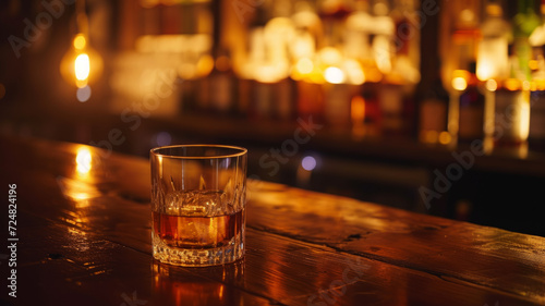 Glass of whiskey on the bar counter in a cozy bar