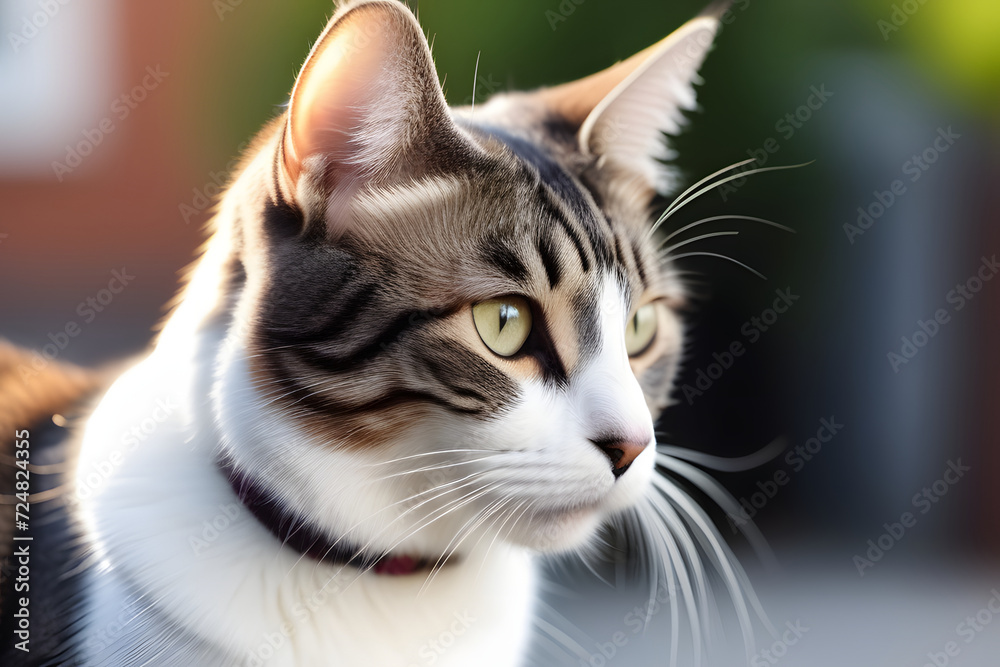 Curious cat with collar and bell in natural outdoor setting, looking adorable and playful. Curious cat with collar and bell in natural outdoor setting, looking adorable and playful.