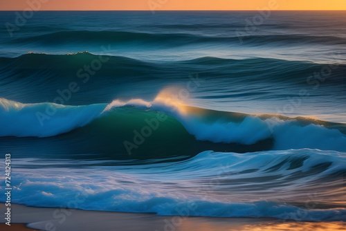 Powerful Ocean Waves Crashing on a Sandy Beach at Sunset, Capturing the Beauty and Power of Nature