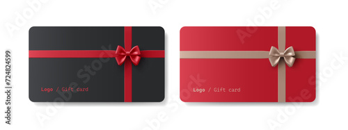 3D gift cards. Realistic red and black holiday cards with bows and ribbons, top view. For happy event celebration concepts. Vector