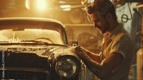 A man washes his vintage car © SashaMagic