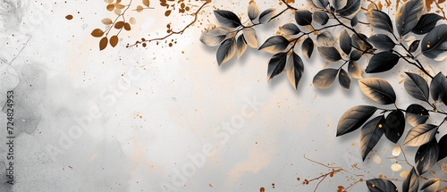 handwritten tropical leaves branch with gold details on white, in the style of earth tone color palette, dark silver and light gold, ethereal trees, sleek and stylized, decorative backgrounds, japanes