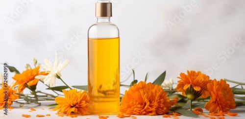 Healing natural herb extract of calendula and chamomile flowers. Calendula extract. Orange flowers. Copy space. Horizontal banner. Minimalism.
