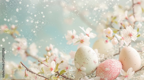 Pastel eggs  delicate lace  and dainty florals compose a refined spring background