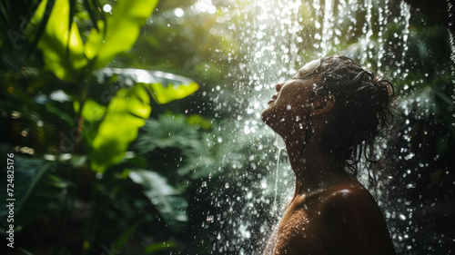 Close-up of a man enjoying a refreshing shower under a cascading waterfall in a tropical paradise.