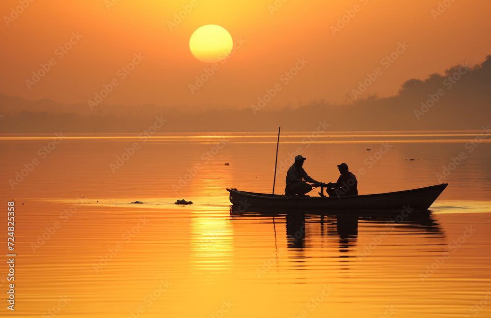 two fishermens on a boat on a foggy morning at dawn