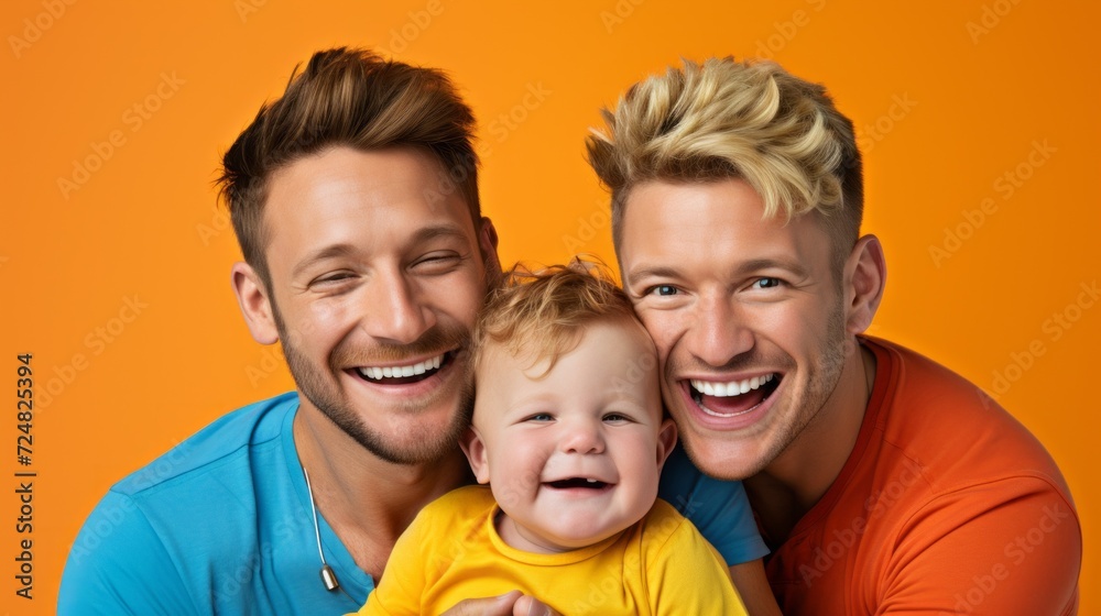 Close-up portrait of a happy smiling gay couple with a small child on an orange background. Family values, Love, children concepts.