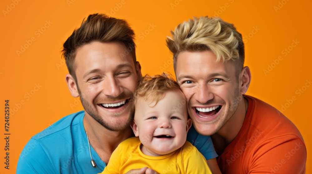 Close-up portrait of a happy smiling gay couple with a small child on an orange background. Family values, Love, children concepts. Close-up portrait of a happy smiling gay couple with a small child on an orange background. Family values, Love, children concepts.