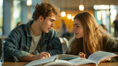 A guy and a girl students are sitting at a table with books. © SashaMagic