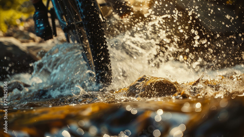 Close-up of a bicycle wheel in splashes of water.