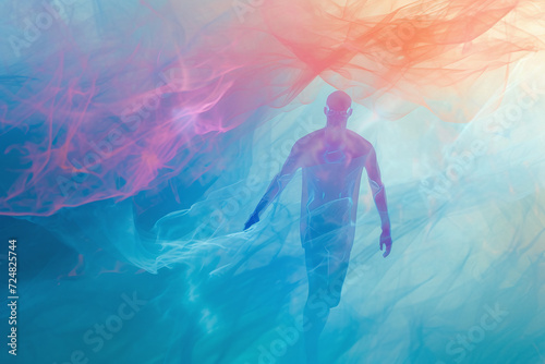 AI-Generated Ethereal Human Form Emerging from Mist, Surreal Colorful Abstract, Concept of Consciousness Awakening